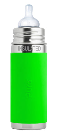 Pura thermos speenfles RVS 260 ml + silicone speen medium flow + silicone reisdop + groene sleeve