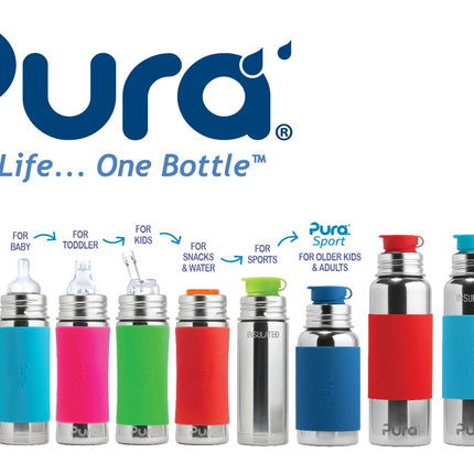 Pura thermos speenfles RVS 260 ml + silicone speen medium flow + silicone reisdop + rose sleeve