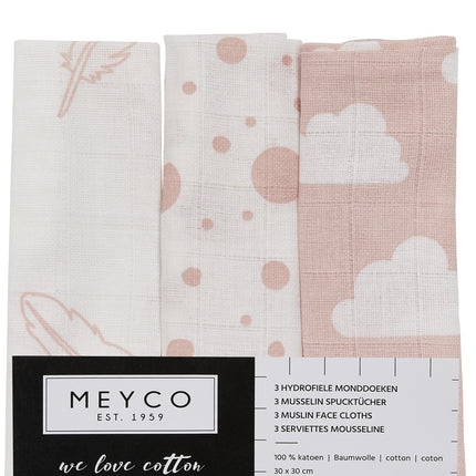 Ściereczka do ust Meyco 3St Feathers-Clouds-Dots Pink/White