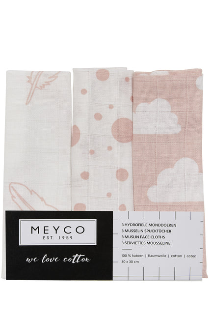 Ściereczka do ust Meyco 3St Feathers-Clouds-Dots Pink/White