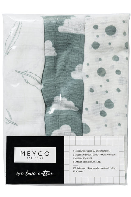 Ściereczka hydrofilowa Meyco 3St Feathers-Clouds-Dots Stone Green/White 100% bawełna